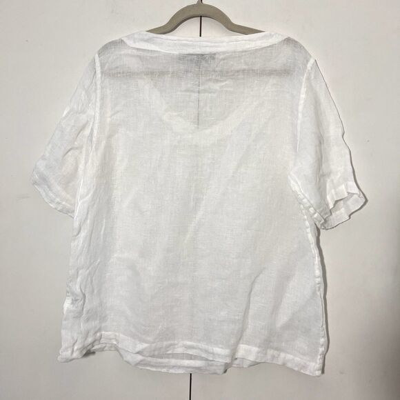Flax Linen Top Size M White Short Sleeve V Neck Minimal Beach Coastal Lagenlook - Picture 2 of 6